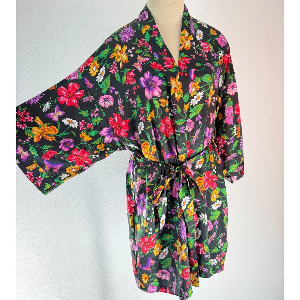Victoria's Secret Black Boho Floral Satin Robe Belted Pockets Fairy Lounge‎ S/M